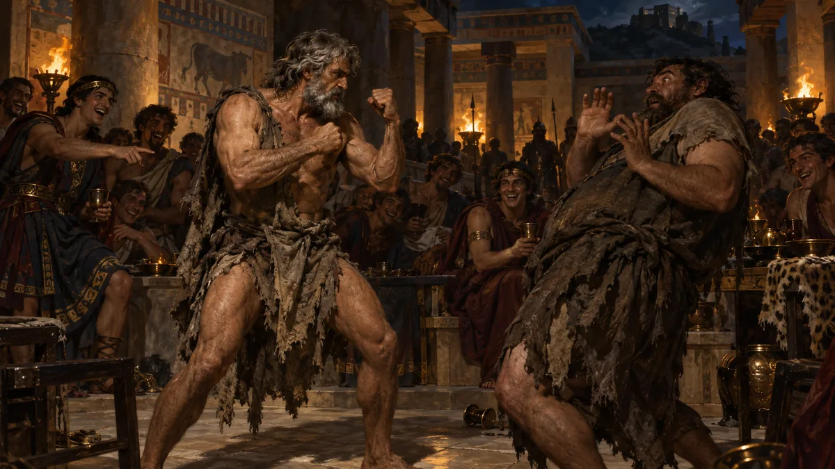Ulysses, disguised as a beggar but with powerful bared limbs, raises his fists against the larger tramp Irus, who shrinks back in fear as the suitors crowd round jeering.