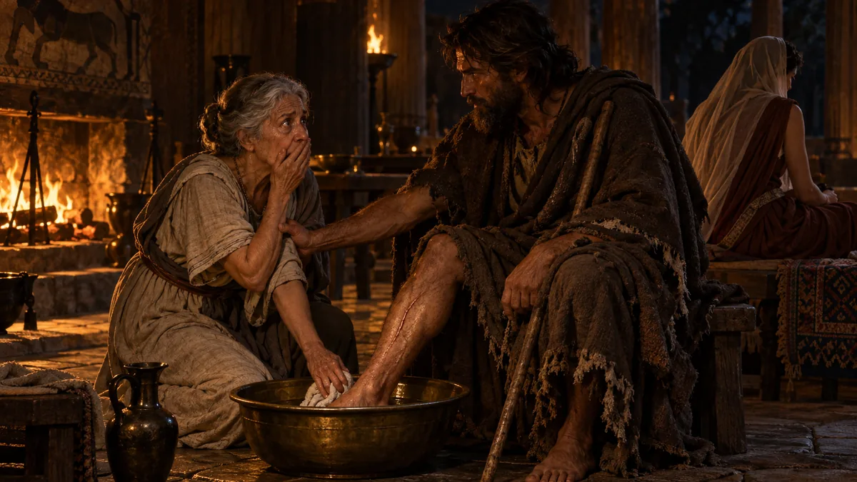 By firelight the old nurse Euryclea washes the beggar's feet and freezes in shock as she recognises the scar on his leg, while Ulysses gently urges her to stay silent.