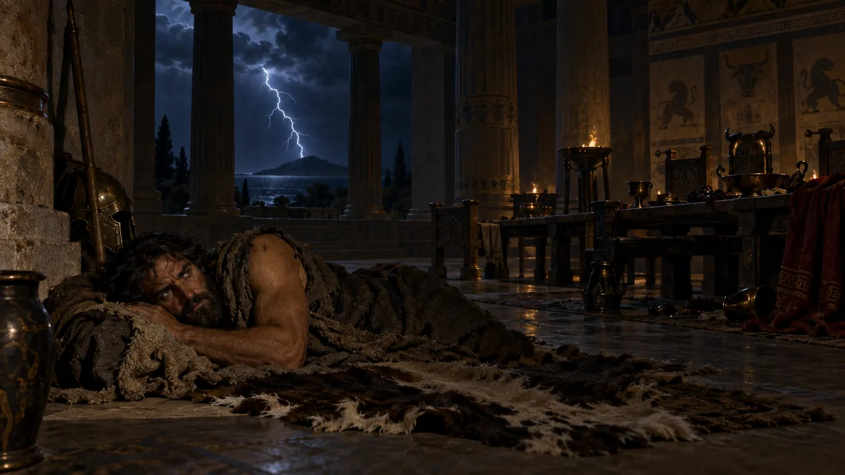 Late at night Ulysses lies sleepless in beggar's rags on an ox-hide in the great hall as a bolt of lightning splits the dark sky beyond the columns, foreboding disaster.