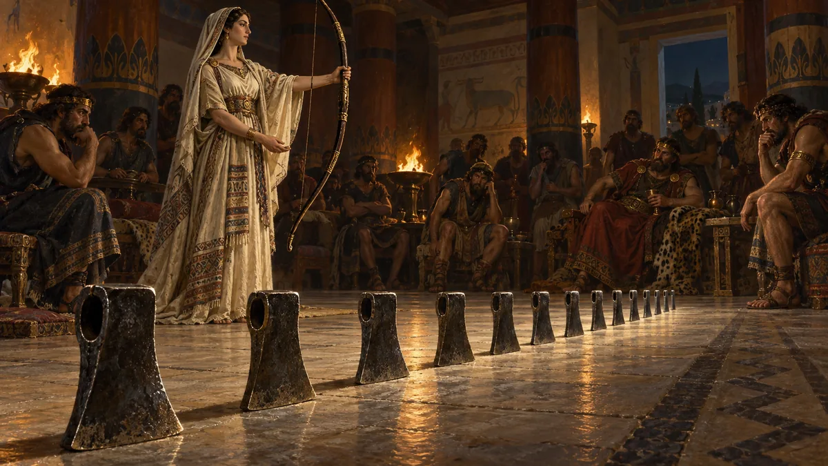 Penelope holds up the great war bow before the seated suitors while twelve iron axe-heads stand in a long line across the torchlit hall for the contest of skill.
