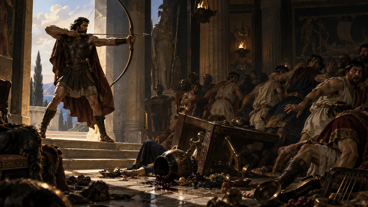 Ulysses casts off his beggar's rags and stands revealed as the mighty hero on the hall's threshold, drawing his great bow with an arrow aimed at the panicking suitors.