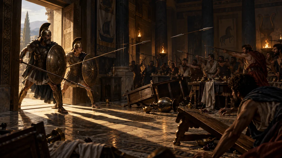Ulysses and his son Telemachus, armoured with shields, helmets and spears, hold the hall's doorway against the suitors who hurl spears across the overturned furniture.