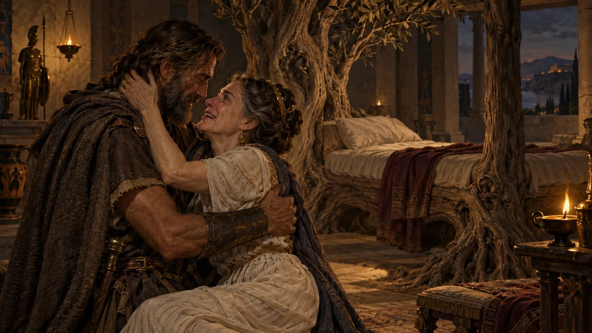 Penelope at last recognises her husband and embraces Ulysses with tears of joy beside their marriage bed carved from a living olive tree, the secret token of their love.
