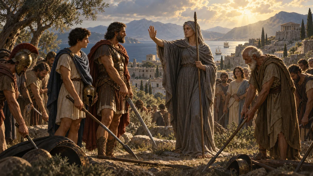 On a sunlit hillside above Ithaca, Ulysses, Telemachus and old Laertes lower their weapons as the goddess Minerva, disguised as a grey elder, raises her hand and commands peace.