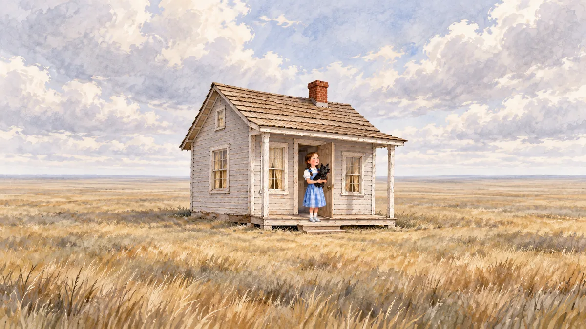 Ein einsames graues Bauernhaus steht in der weiten flachen Prärie von Kansas, Dorothy hält Toto in der Tür.