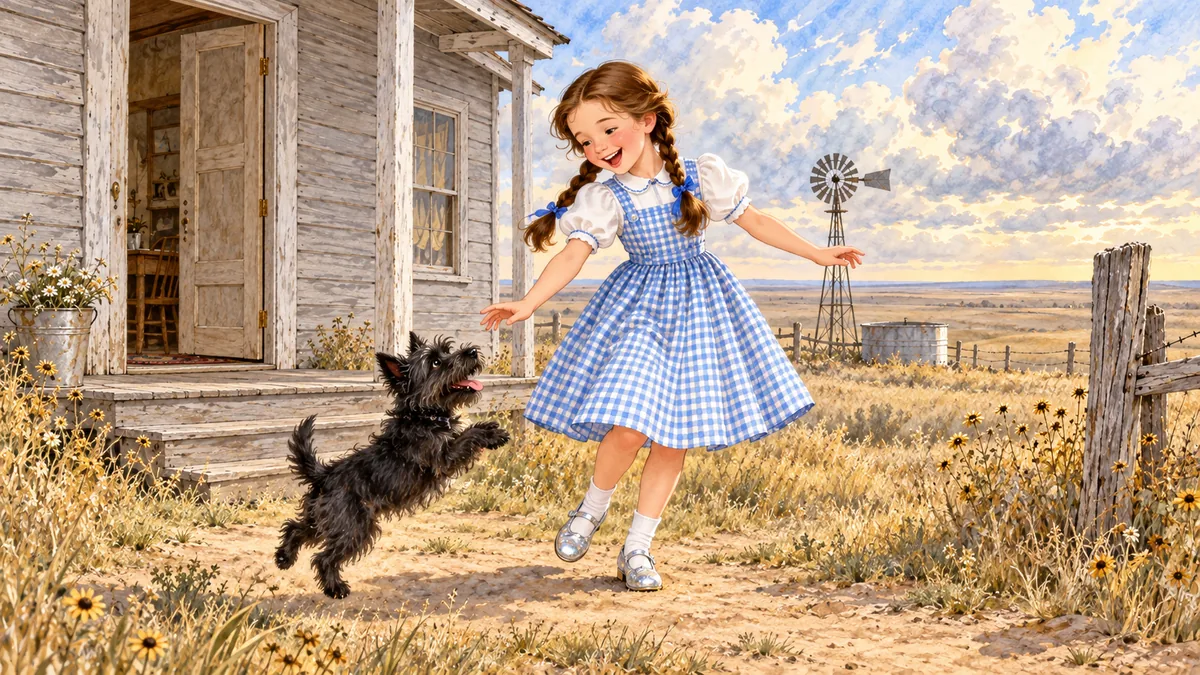 Dorothy lacht und spielt fröhlich mit ihrem kleinen schwarzen Hund Toto vor dem Bauernhaus.