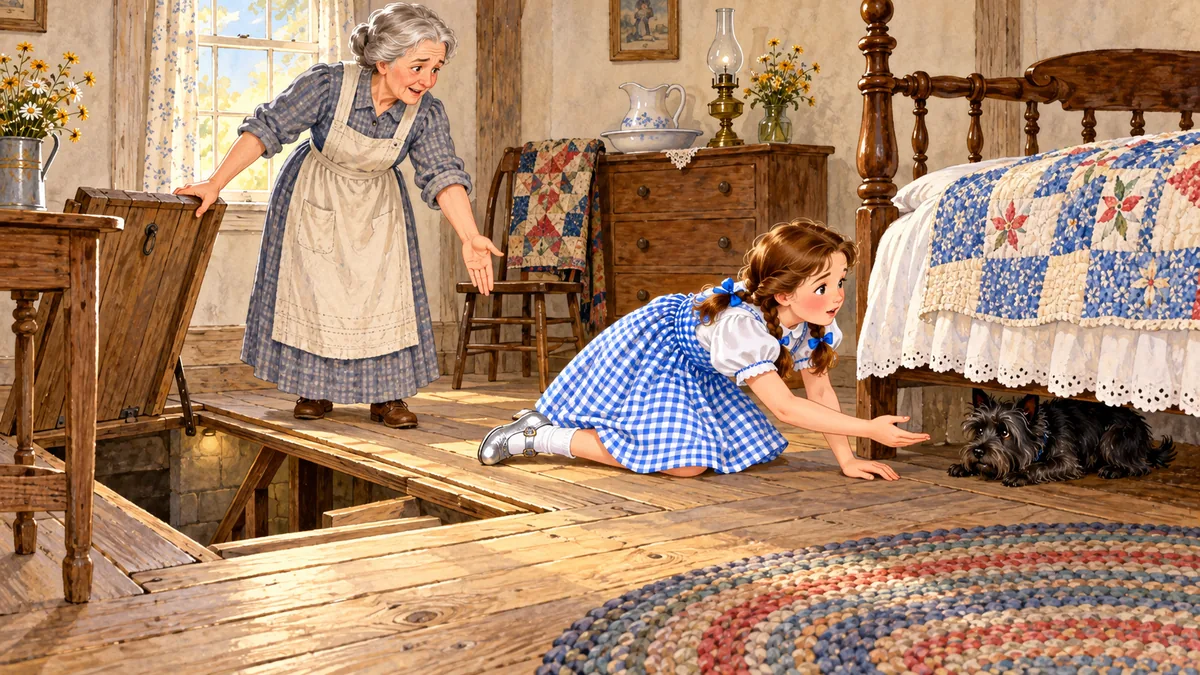 Tante Em öffnet die Kellerklappe, während Dorothy nach Toto neben dem Bett greift.