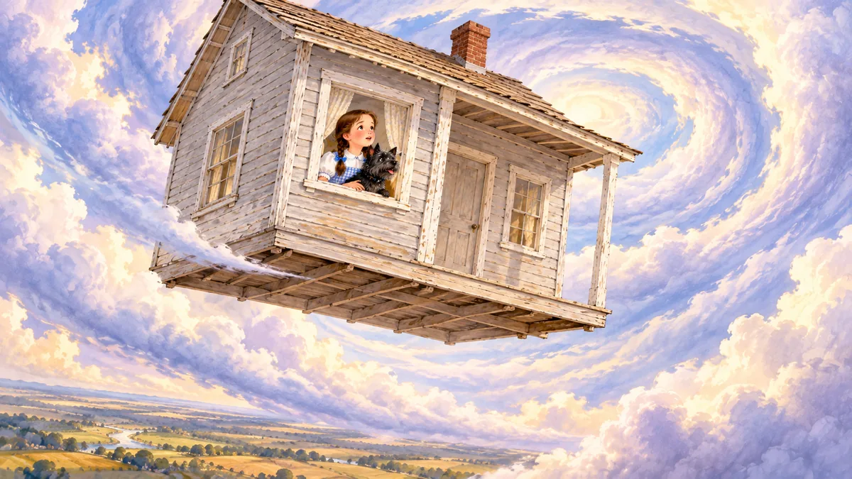 Das Bauernhaus schwebt hoch in einem sanften Wirbelsturm, während Dorothy und Toto aus dem Fenster schauen.