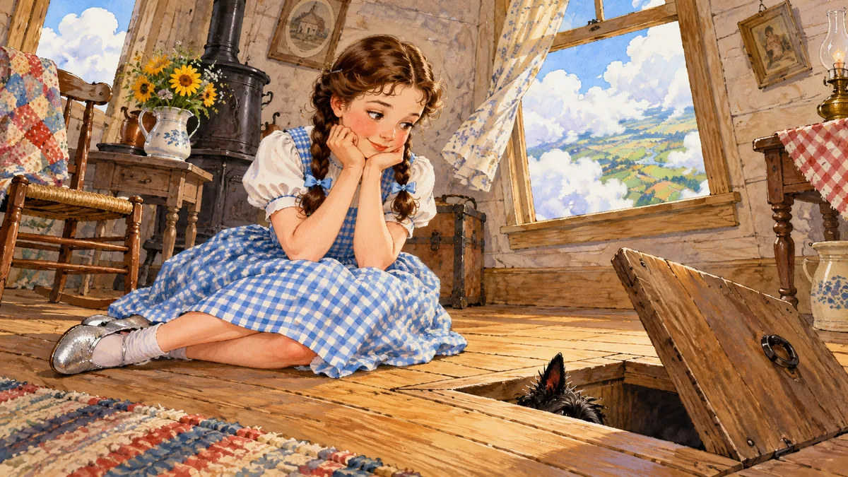 Dorothy sitzt ruhig auf dem Boden des fliegenden Hauses, während Totos Ohr aus der Falltür ragt.