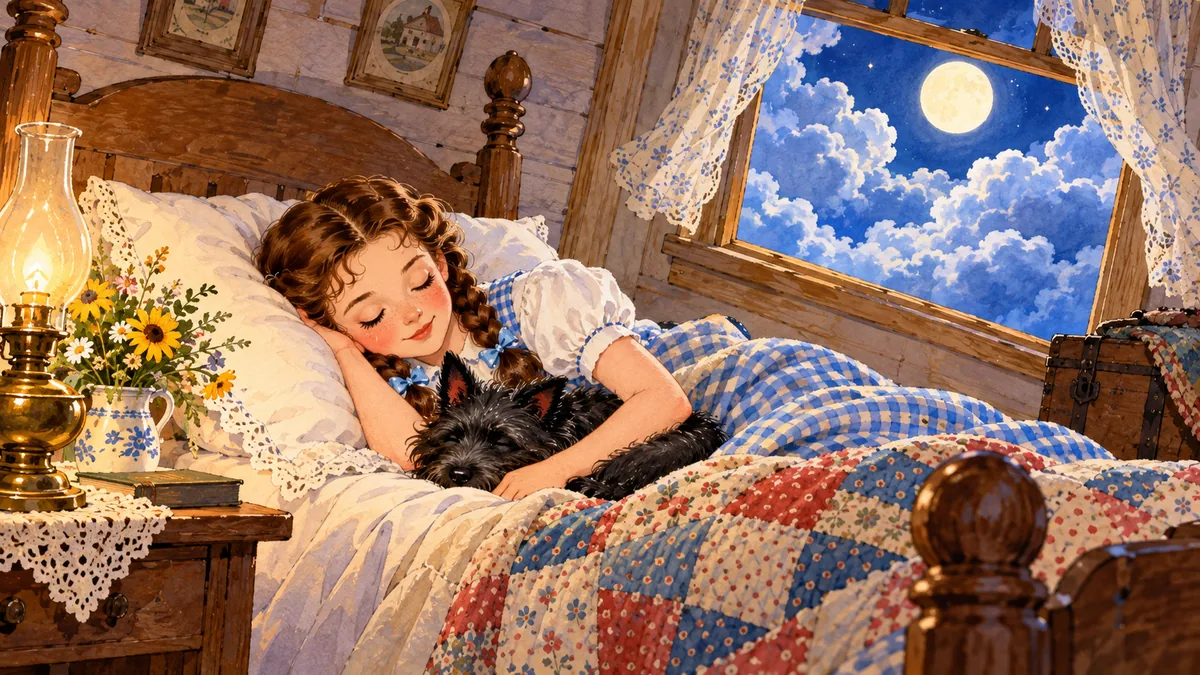 Dorothy schläft friedlich im Bett, während das fliegende Haus nachts sanft schwankt, Toto zusammengerollt neben ihr.