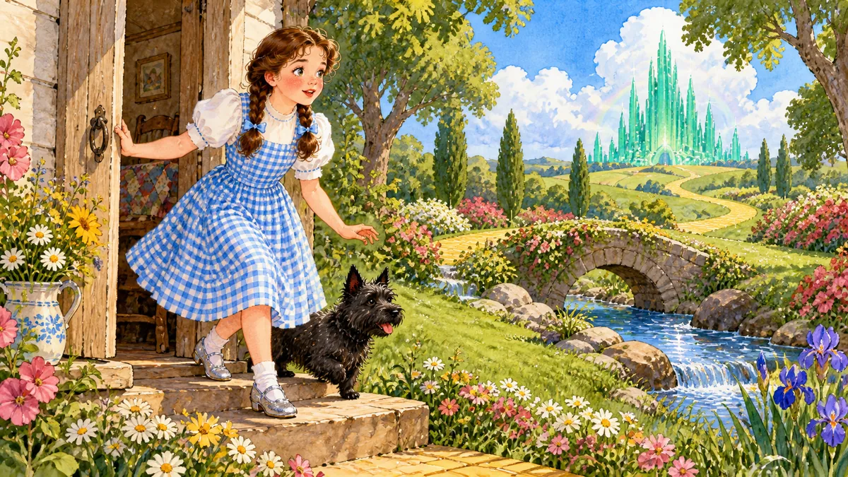 Dorothy tritt aus dem Haus in ein wunderbares Land mit grünen Wiesen, stattlichen Bäumen und bunten Blumen an einem Bach.