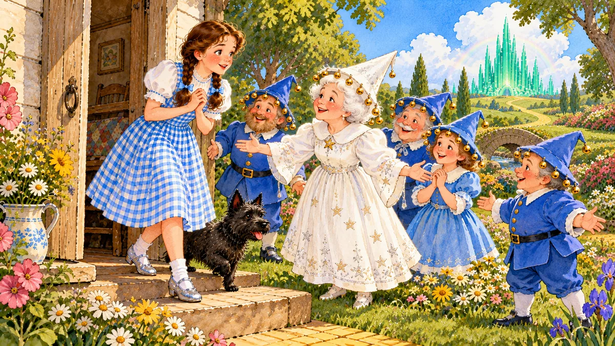 Munchkins mit spitzen Glöckchenhüten und eine freundliche alte Frau kommen, um Dorothy zu begrüßen.