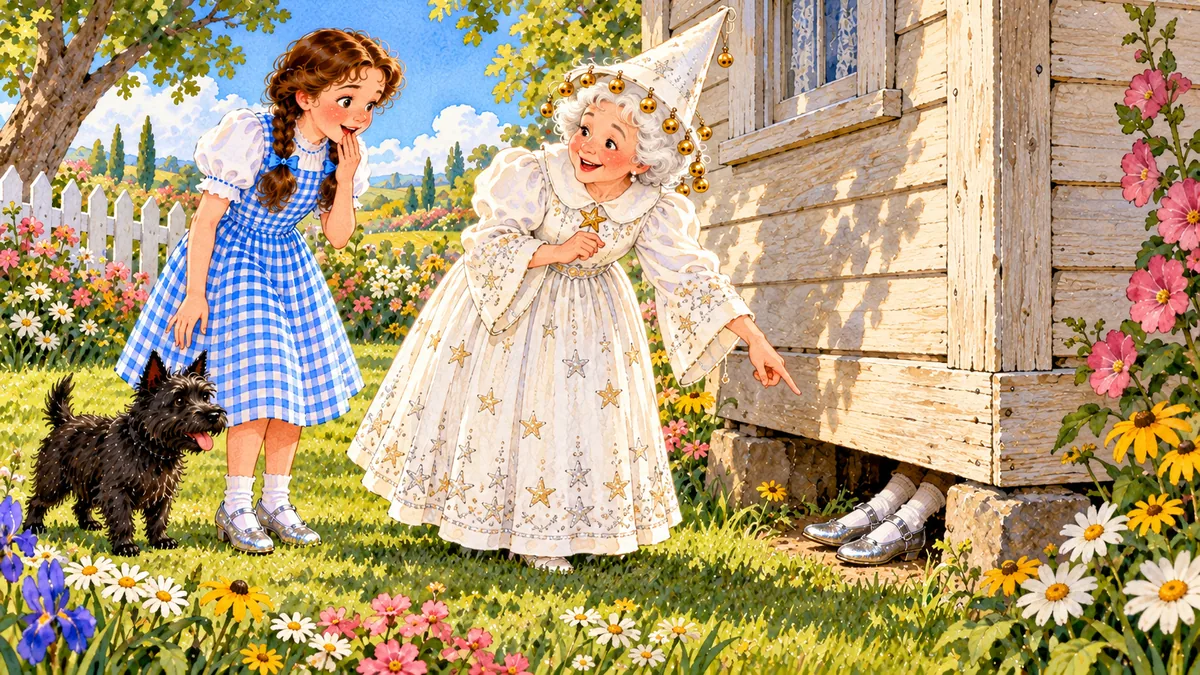 Die alte Frau zeigt auf zwei Füße in Silberschuhen, die unter der Hausecke hervorragen; Dorothy ist überrascht.