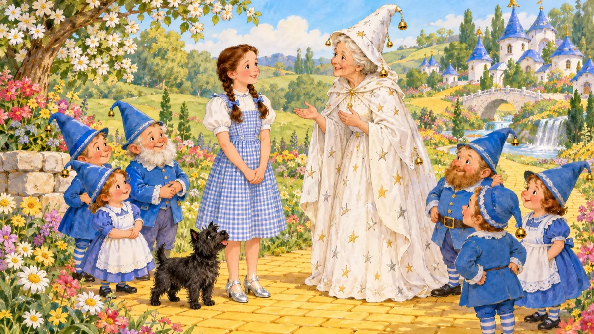 Die gute Hexe des Nordens erklärt Dorothy sanft auf einer sonnigen Blumenwiese, während Munchkins zuhören.