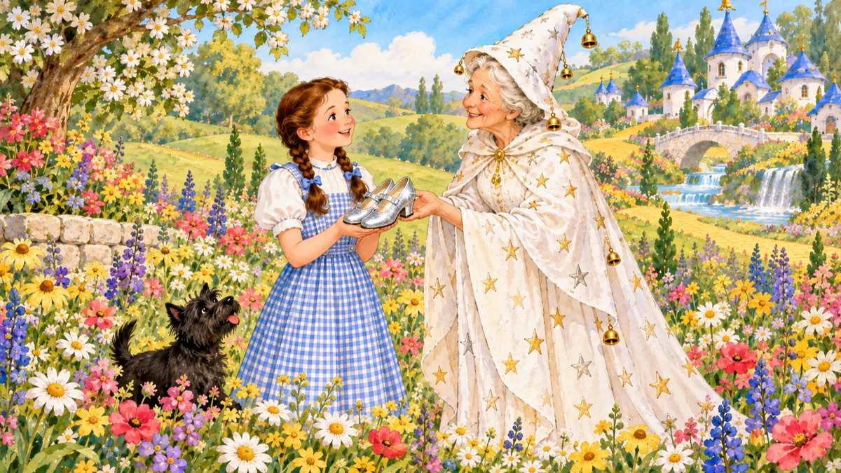 Die Hexe reicht Dorothy die glänzenden Silberschuhe, die sie freudig entgegennimmt, Toto neben ihr.