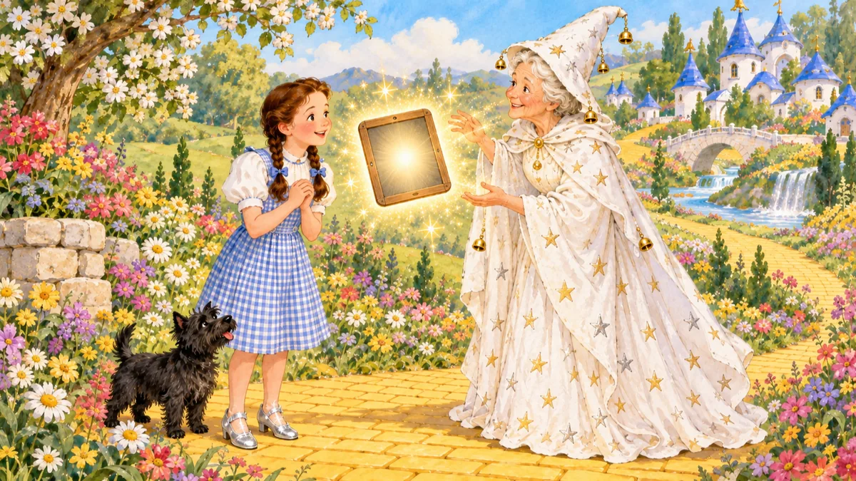 Eine kleine Zaubertafel leuchtet hell, während die Hexe und Dorothy sie staunend betrachten.
