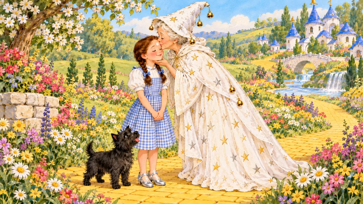 Die gute Hexe beugt sich hinab und küsst Dorothy sanft auf die Stirn und hinterlässt ein leuchtendes Mal.
