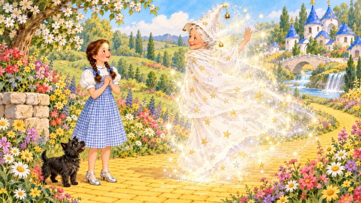 Die gute Hexe dreht sich auf dem Absatz und verschwindet in einem sanften Funkeln, während Dorothy und Toto zusehen.