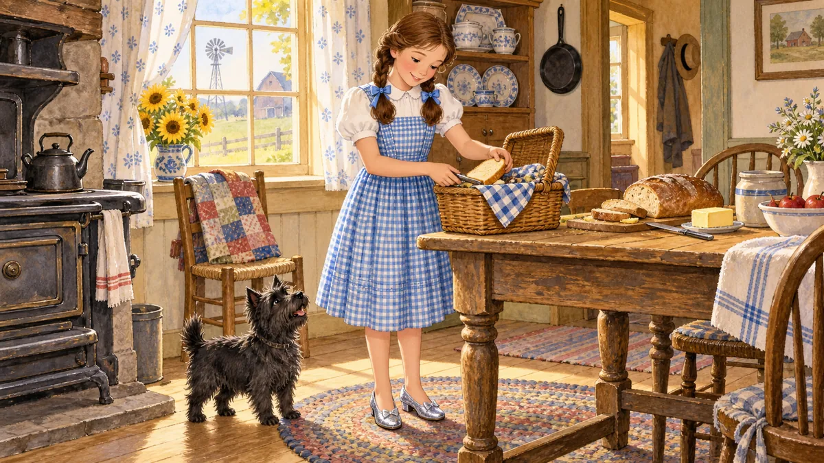 Dorothy schneidet Brot und Butter und packt einen Korb in der gemütlichen Küche, während Toto hoffnungsvoll aufblickt.