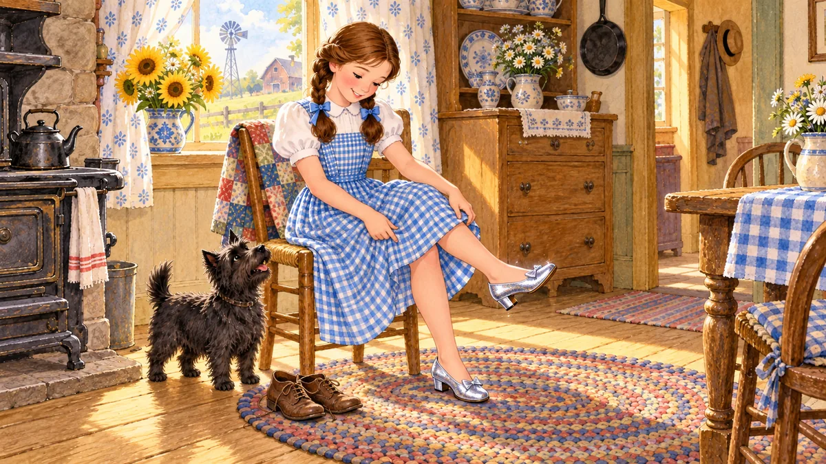 Dorothy probiert die glänzenden Silberschuhe an und streckt fröhlich den Fuß aus, während Toto zuschaut.