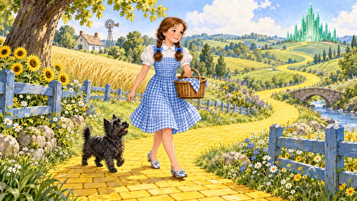Dorothy geht zügig die gelbe Ziegelstraße entlang durch hübsches Land mit blauen Zäunen, Toto trottet hinterher.