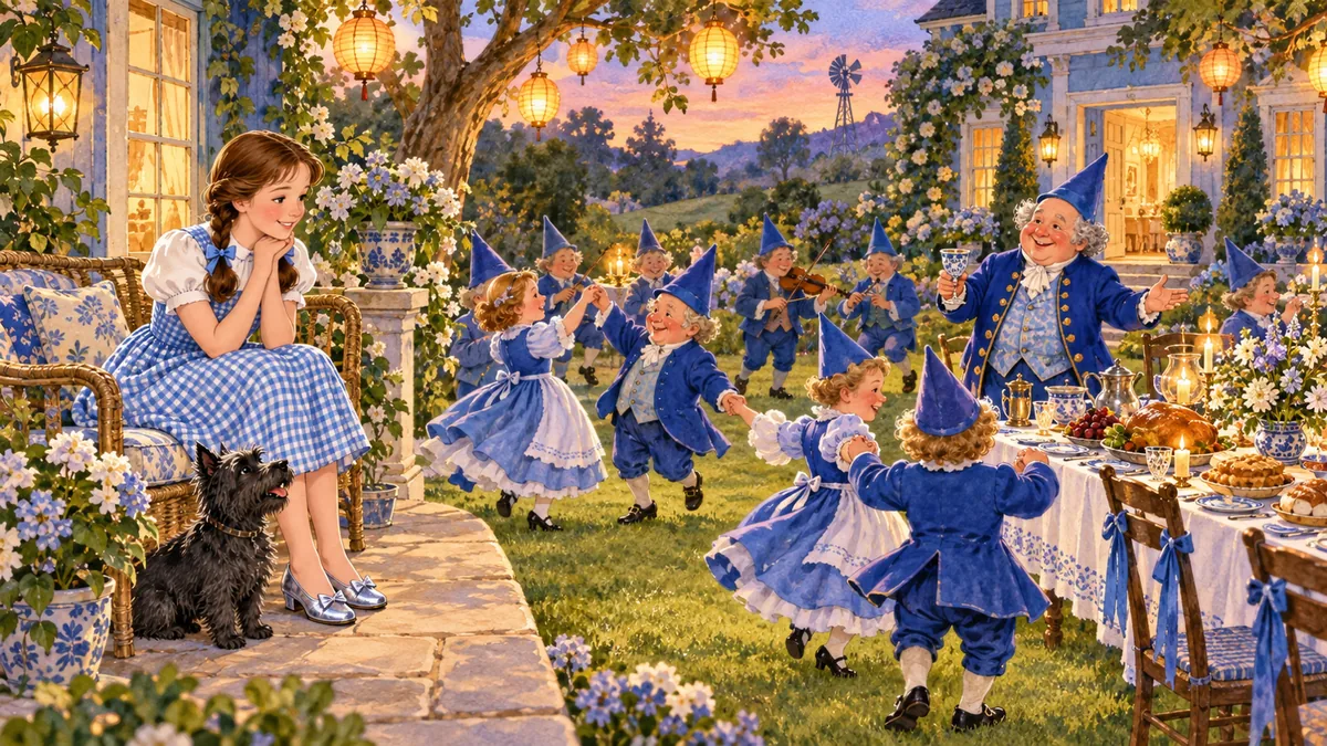 Munchkins tanzen am Abend auf einer laternenbeleuchteten Wiese bei Boq, während Dorothy von einer Bank zusieht.