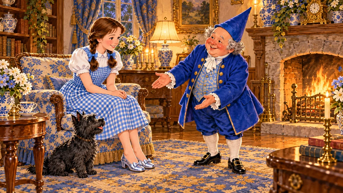 Boq, der freundliche reiche Munchkin, plaudert herzlich mit Dorothy und bewundert ihr blau-weißes Kleid.