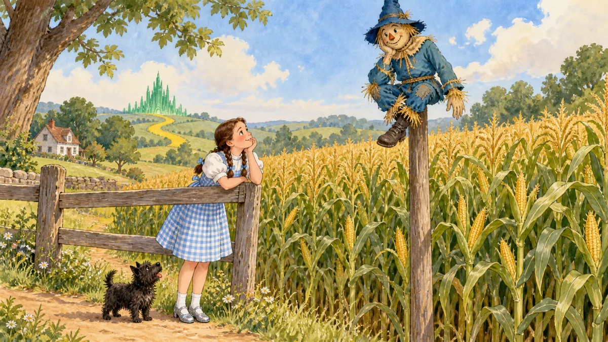 Dorothy lehnt am Zaun und betrachtet nachdenklich die Vogelscheuche auf einer Stange im Maisfeld, Toto zu ihren Füßen.