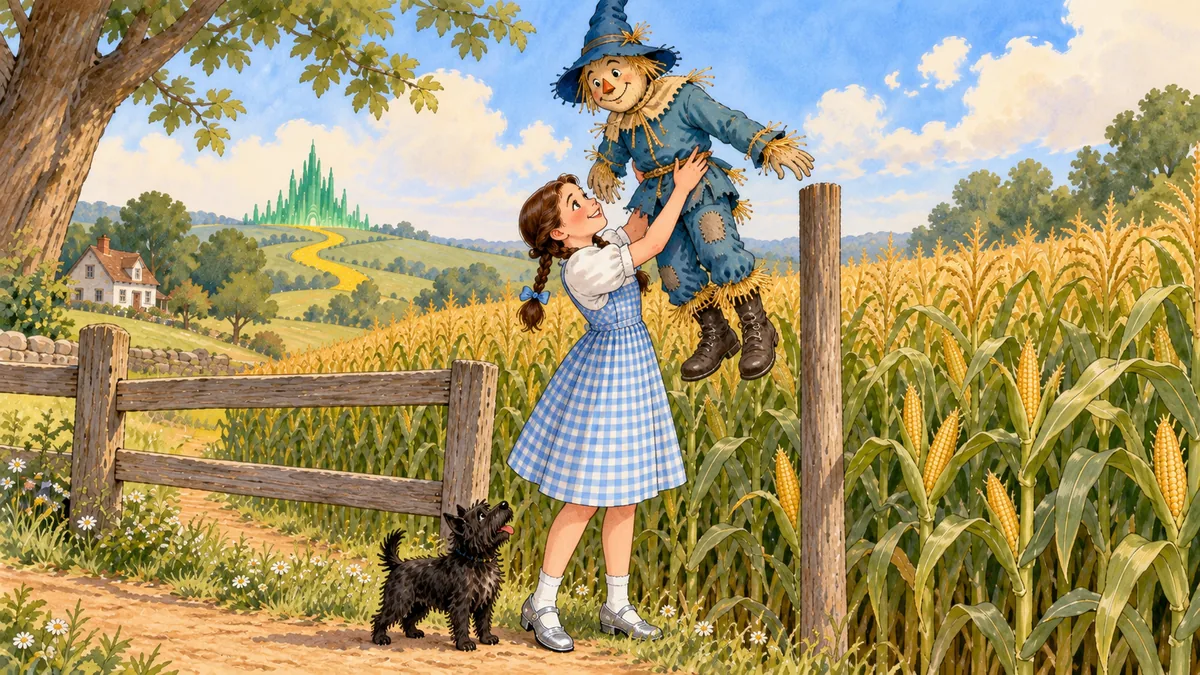 Dorothy hebt die leichte Stroh-Vogelscheuche von der Stange, und sie lächelt dankbar im Maisfeld.