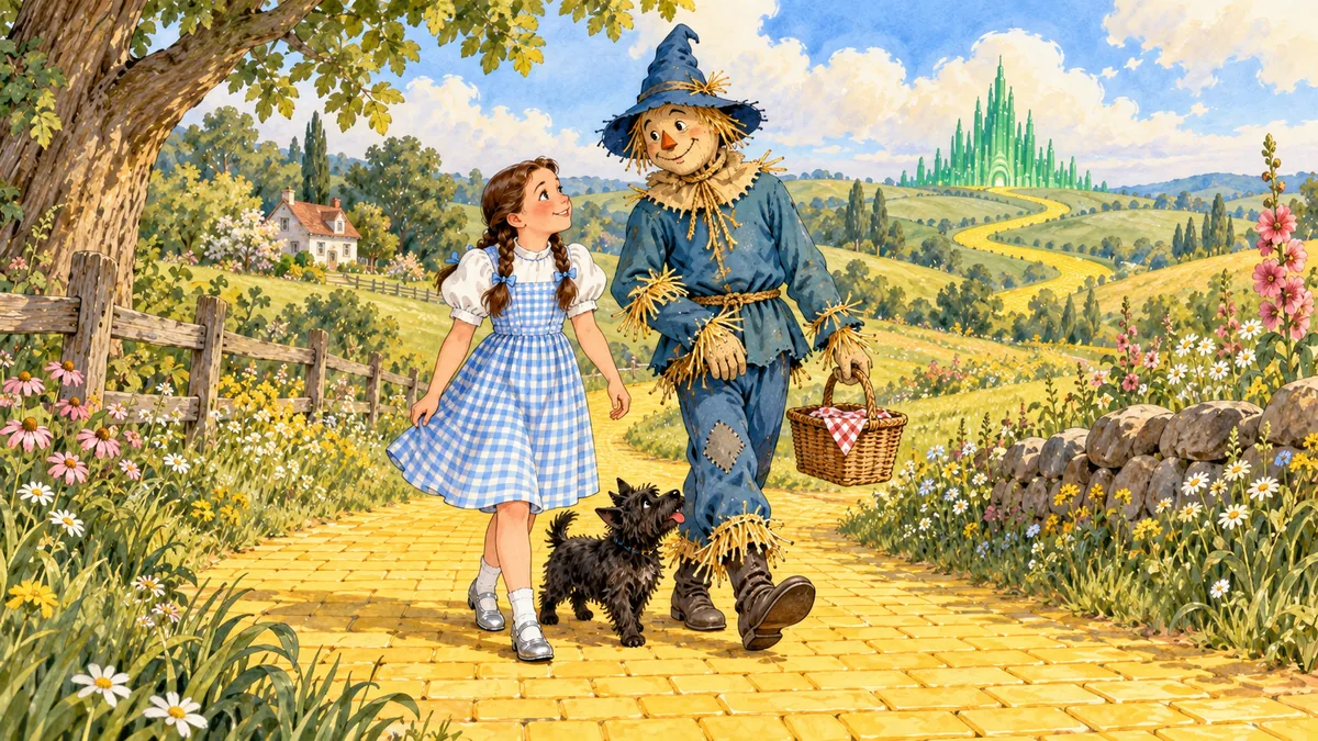 Dorothy und die laufende Vogelscheuche gehen die gelbe Ziegelstraße entlang, er trägt den Korb, Toto beschnuppert ihn.