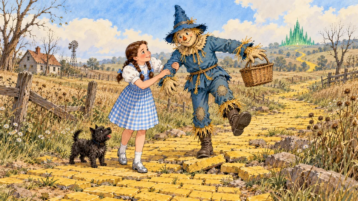 Die gelbe Ziegelstraße wird holprig und brüchig, und die Vogelscheuche stolpert, während Dorothy sie stützt.