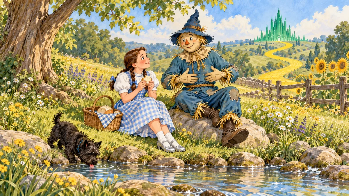 Am Mittag sitzt Dorothy an einem Bach und isst Brot, während die Vogelscheuche zeigt, dass sie nie Hunger hat, Toto trinkt.