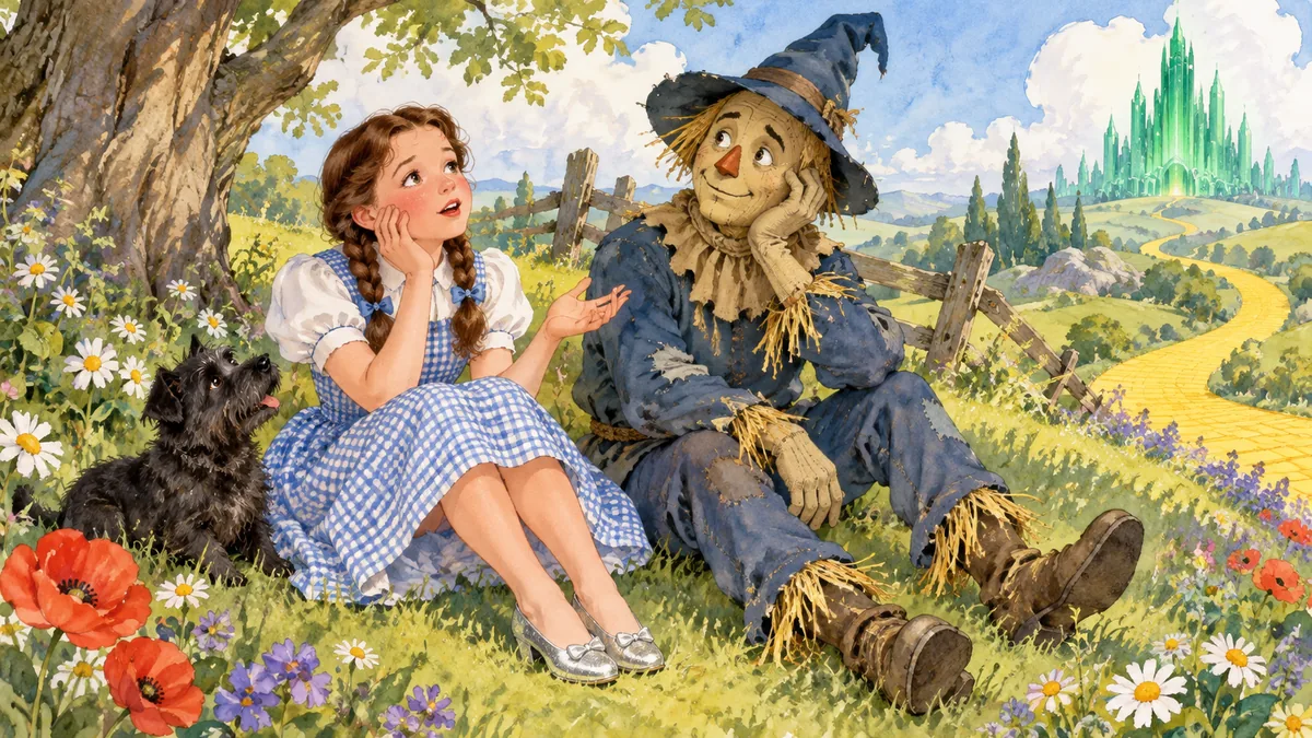 Auf dem Gras ruhend erzählt Dorothy der Vogelscheuche vom grauen Kansas, während sie zuhört und seufzt.