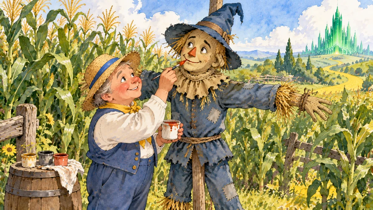 In einer Erinnerung bemalt ein Munchkin-Bauer das Gesicht der Vogelscheuche und stellt sie auf einen Stock im sonnigen Maisfeld.