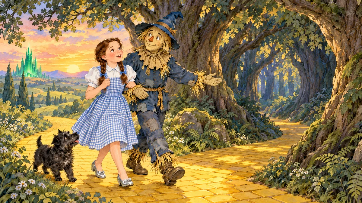 Gegen Abend erreichen Dorothy und die Vogelscheuche einen großen Wald, dessen Bäume sich über die gelbe Ziegelstraße wölben.