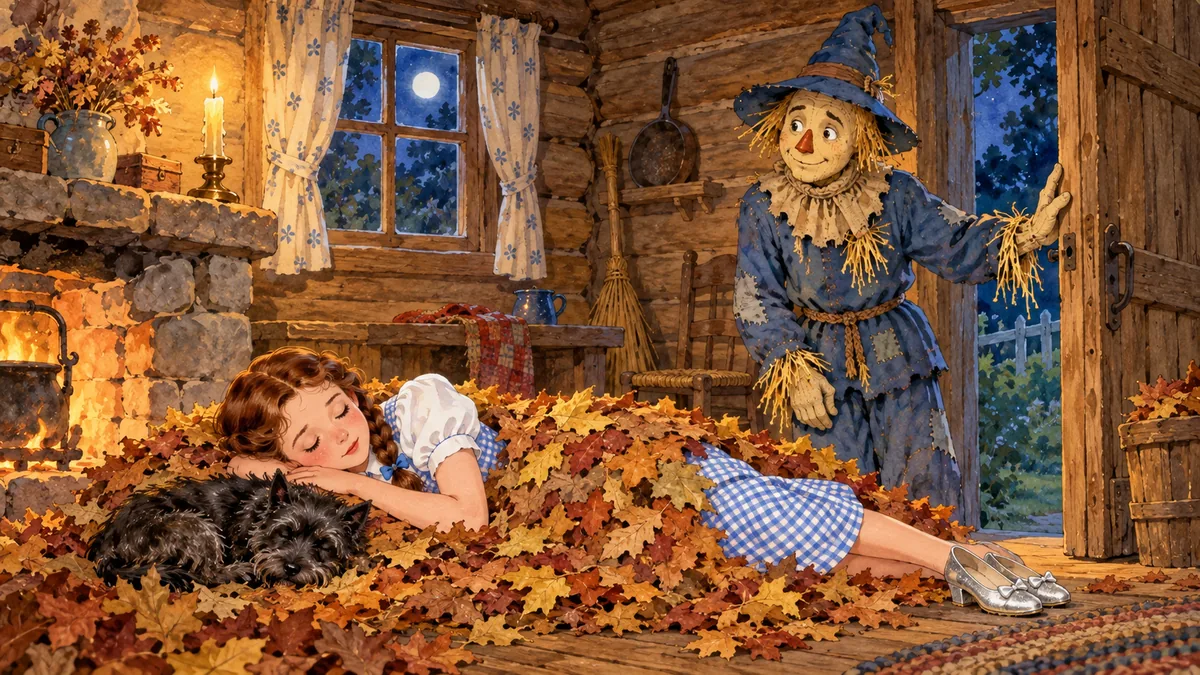 In einer kleinen Blockhütte hält die Vogelscheuche Wache, während Dorothy auf trockenem Laub mit Toto schläft.