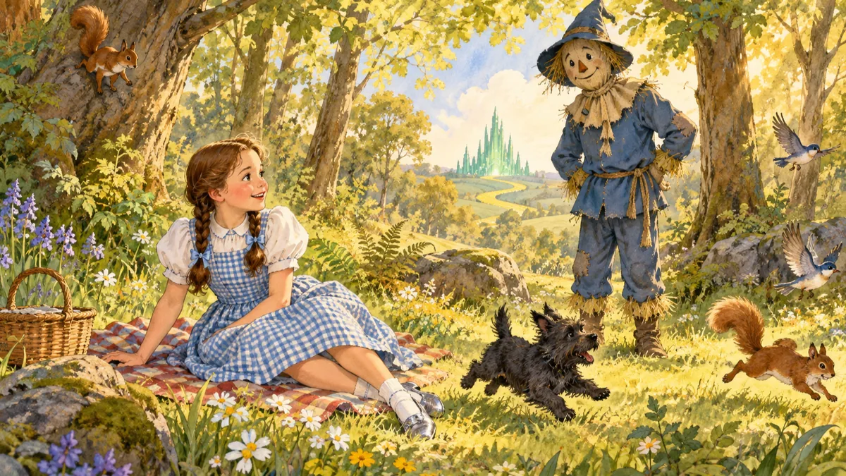 Ein Mädchen in blau kariertem Kleid sitzt mit einem Korb an einer Waldquelle, während eine Strohvogelscheuche daneben steht und ihr kleiner schwarzer Hund ein Eichhörnchen jagt.