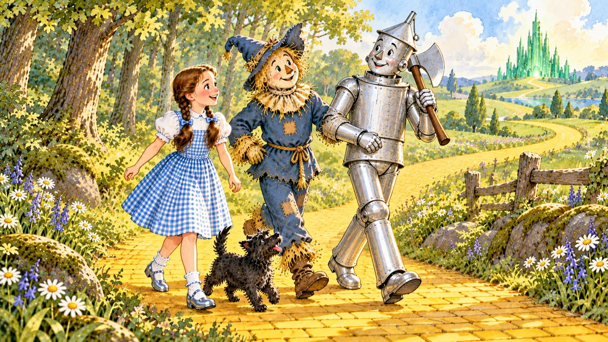 Der Blechmann nimmt seine Axt über die Schulter und geht mit dem Mädchen, der Vogelscheuche und dem kleinen schwarzen Hund über die gelbe Backsteinstraße auf eine ferne grüne Stadt zu.