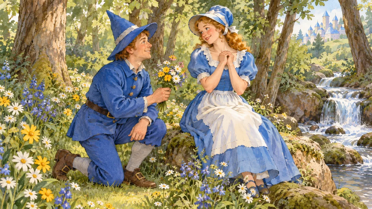 Ein junger Mann in Blau kniet nieder, um einem schönen Mädchen an einem Bach Blumen zu reichen, und veranschaulicht die Geschichte des Blechmannes von der geliebten Munchkin-Maid.