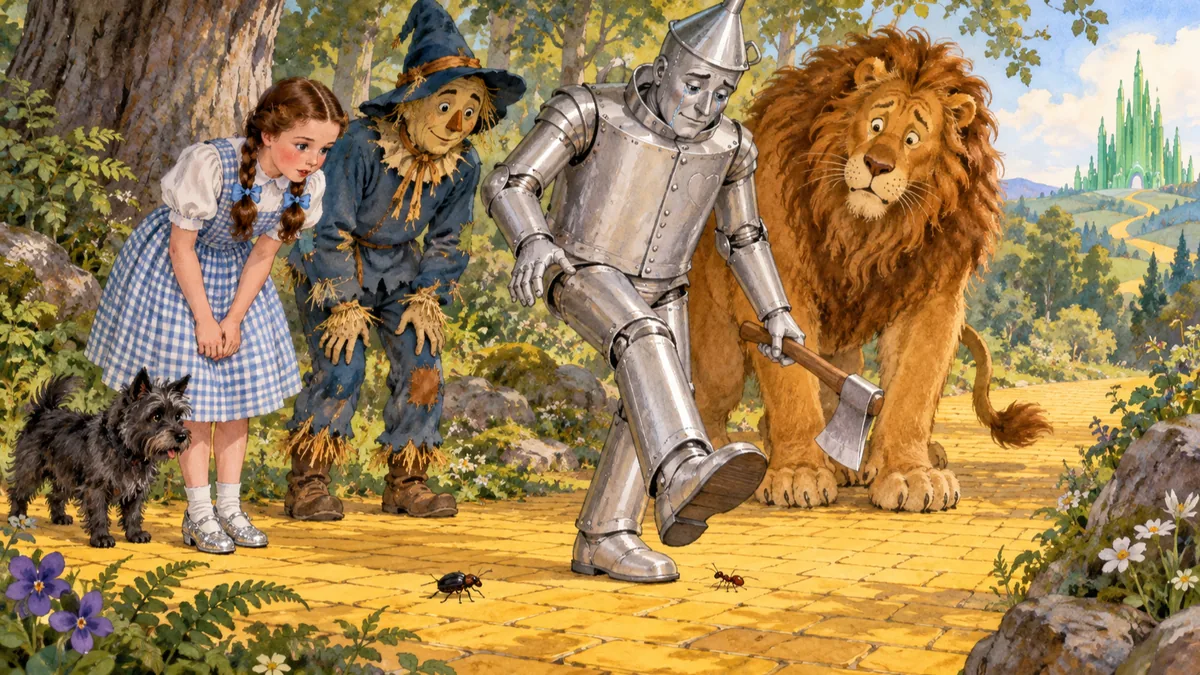Der Blechmann weint traurig über einen winzigen Käfer, auf den er getreten ist, während Mädchen, Vogelscheuche, Hund und Löwe sich am Rand einer felsigen Schlucht versammeln.