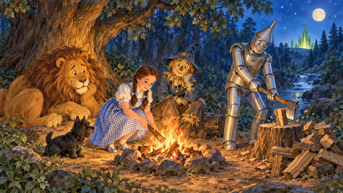 Nachts unter einem Baum schlagen die Reisenden ihr Lager auf: Der Blechmann hackt Holz und das Mädchen hütet ein Feuer, während der Löwe in der Nähe ruht.