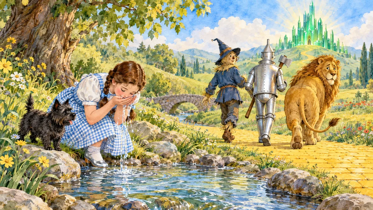 Im Morgengrauen wäscht sich das Mädchen an einem kleinen Bach das Gesicht, während ihre Freunde sich bereitmachen, wieder zur grünen Stadt aufzubrechen.