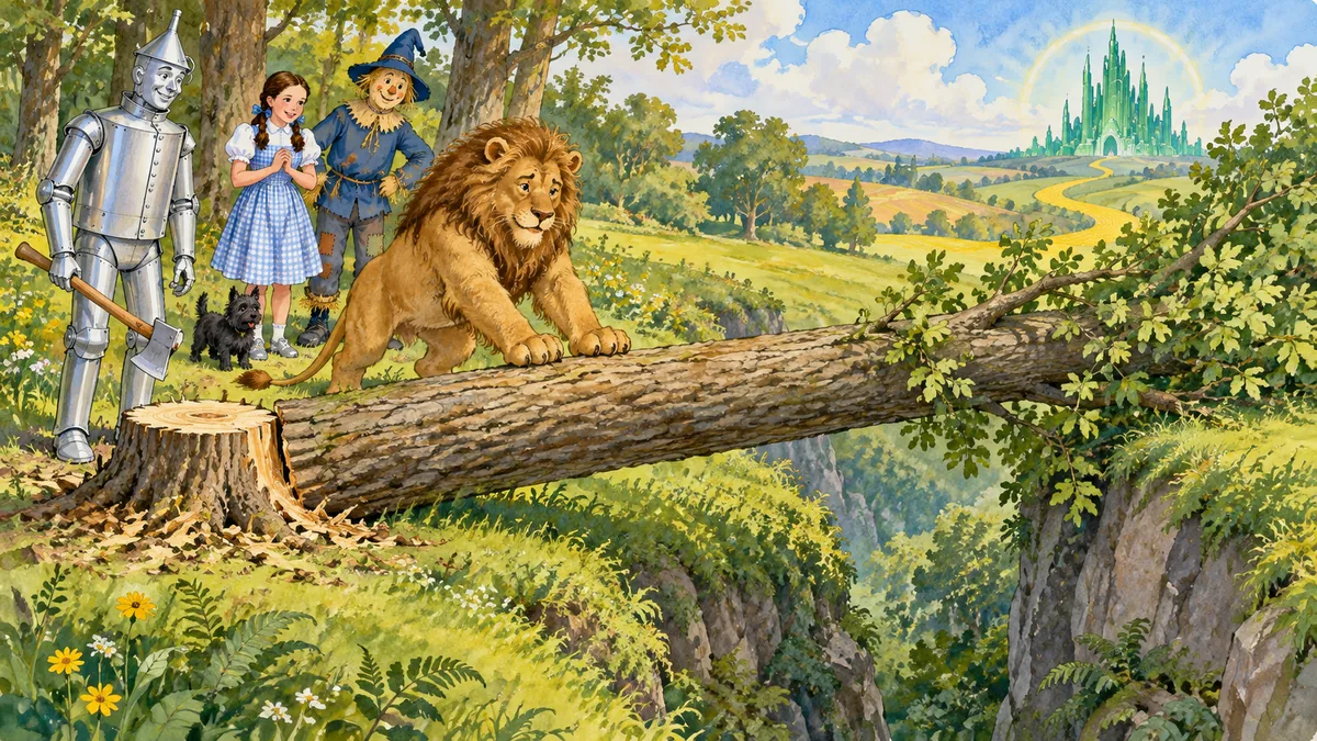 Der Blechmann fällt einen hohen Baum, damit er als Brücke über eine tiefe Schlucht fällt, während der große Löwe ihn umstoßen hilft.