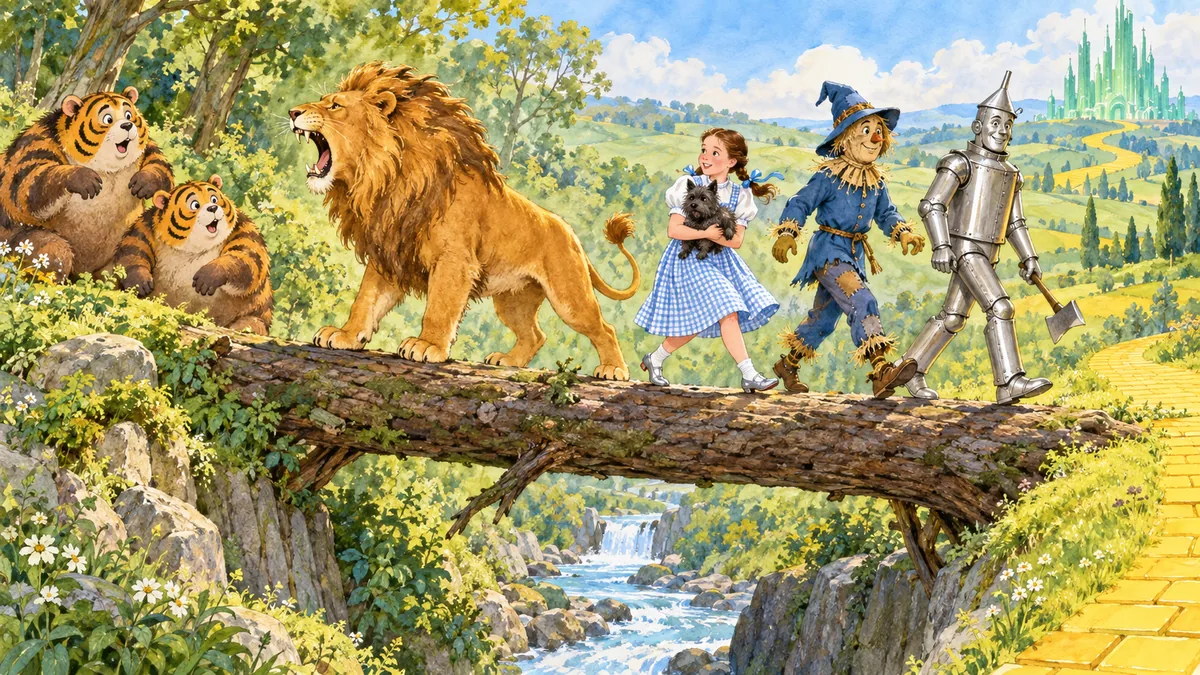 Die Freunde überqueren eine Brücke aus einem gefällten Baum über einen reißenden Bach, während der brüllende Löwe zwei wilden Kalidahs mit Tigerköpfen und Bärenleibern gegenübersteht.