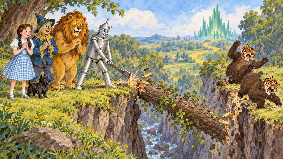 Der Blechmann hackt das Ende der Baumbrücke durch, sodass die beiden verfolgenden Kalidahs in die felsige Schlucht darunter stürzen.