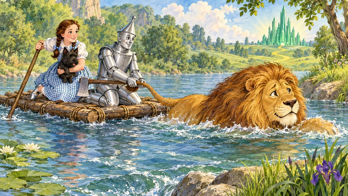 Der große Löwe schwimmt durch den Fluss und zieht das Floß, während der Blechmann seinen Schwanz hält und das Mädchen mit einer Stange lenken hilft.