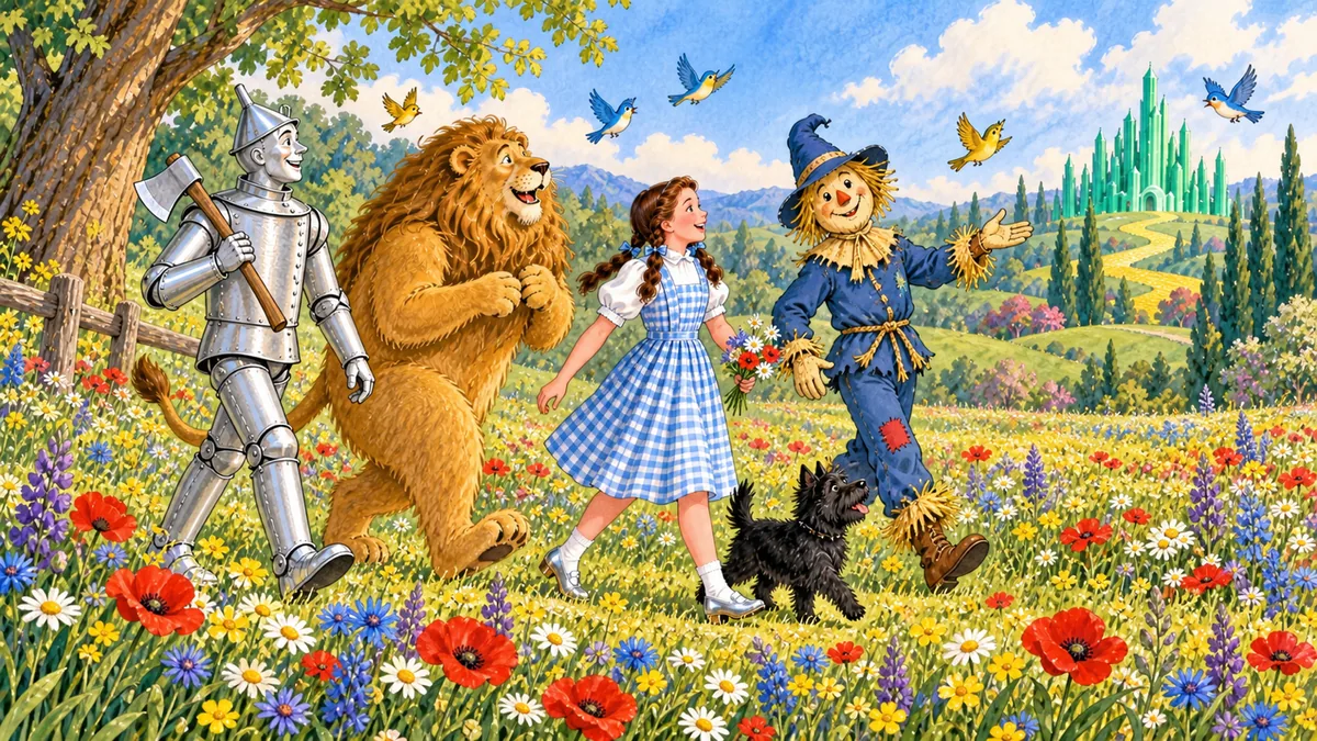 Die Freunde gehen durch eine schöne Wiese mit bunten Blüten und scharlachroten Mohnblumen, Vögel singen.