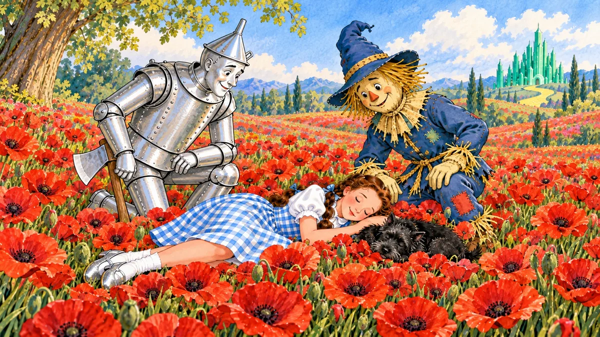 Dorothy schläft tief zwischen den roten Mohnblumen ein, Toto neben sich, während Vogelscheuche und Blechmann besorgt zusehen.