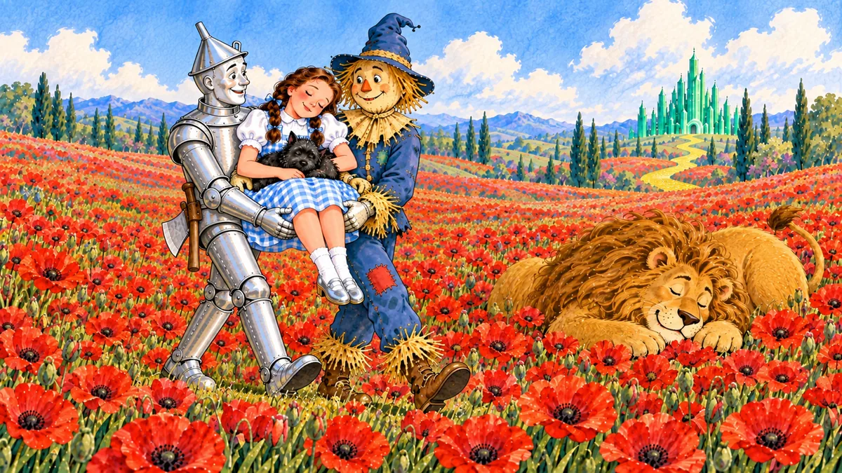 Vogelscheuche und Blechmann tragen die schlafende Dorothy am Löwen vorbei, der zwischen den Mohnblumen schläft.