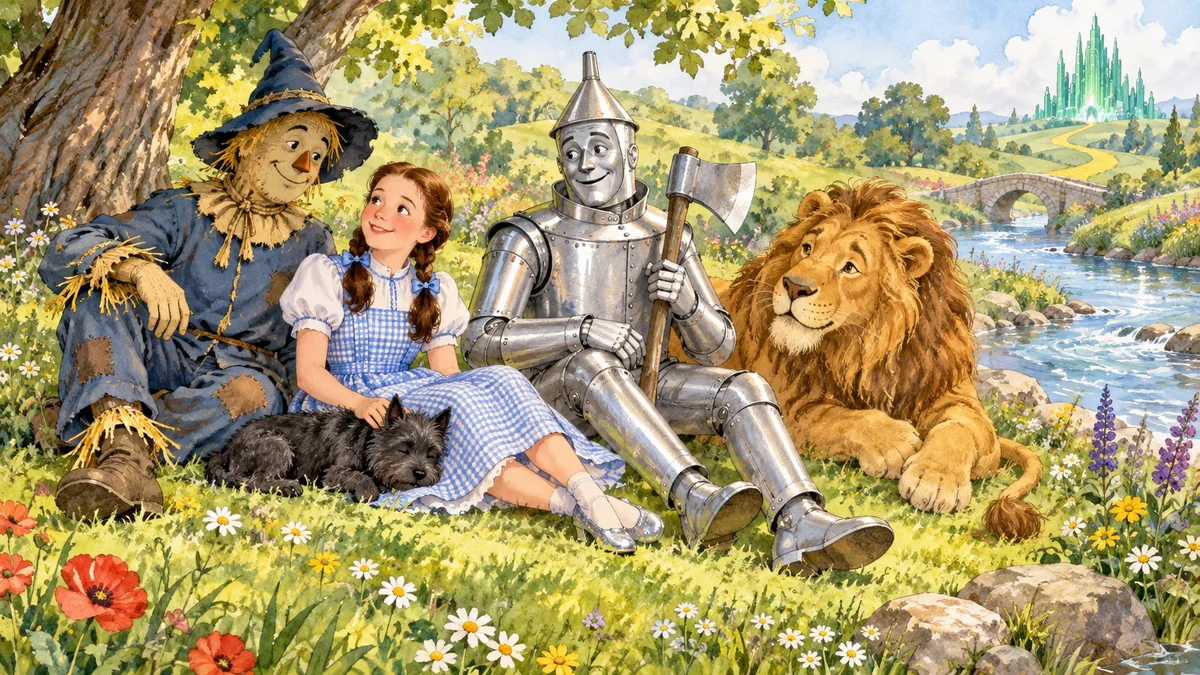 Dorothy und ihre Freunde rasten auf einer grünen Wiese am Fluss.